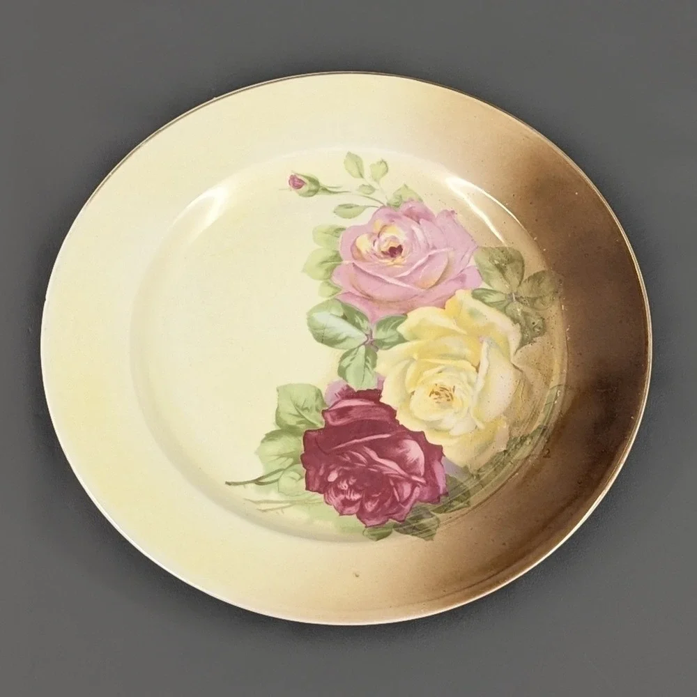 Vintage Hand Painted Porcelain Rose Floral Plate Cream Brown 10 Inch Decorative